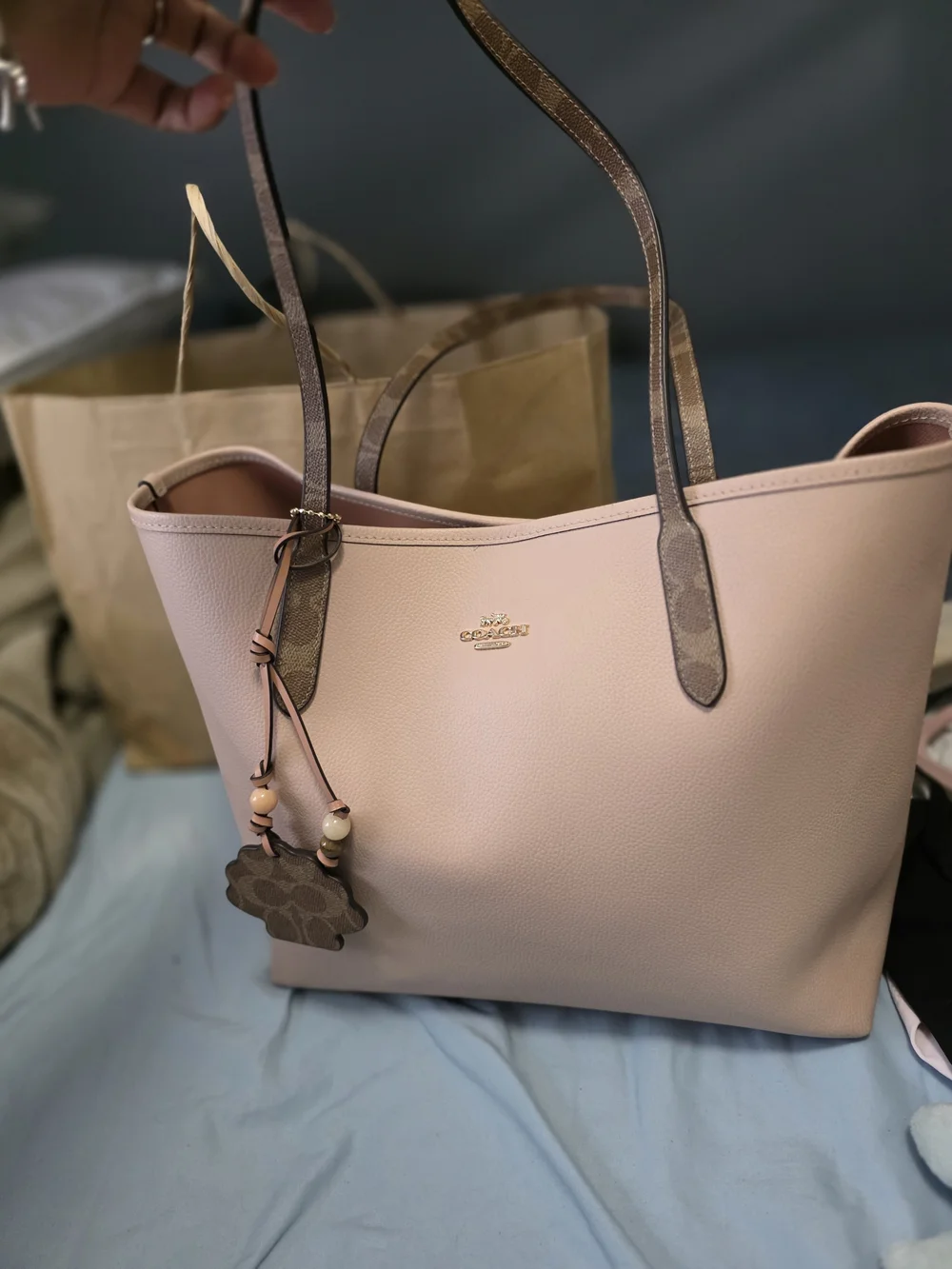 Coach Blush Pink Pebble Leather Tote with Signature Straps